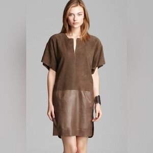 Vince Size XS Brown Green Genuine Leather V-Neck Shift Dress Pockets